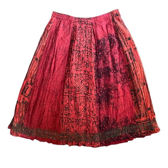 Silk A-Line Bohemian Maxi Skirt Size 12 Vibrant Reds Sequin Bead Trim - Picture 2 of 8